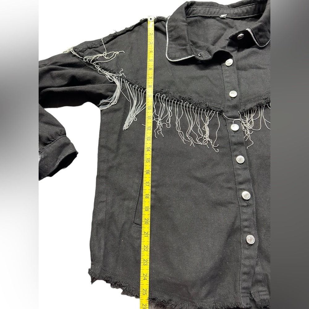 FINDTHY Women’s Fashion Rhinestone Fringe Jacket Long Sleeve Denim Jean Jacket - Picture 9 of 11